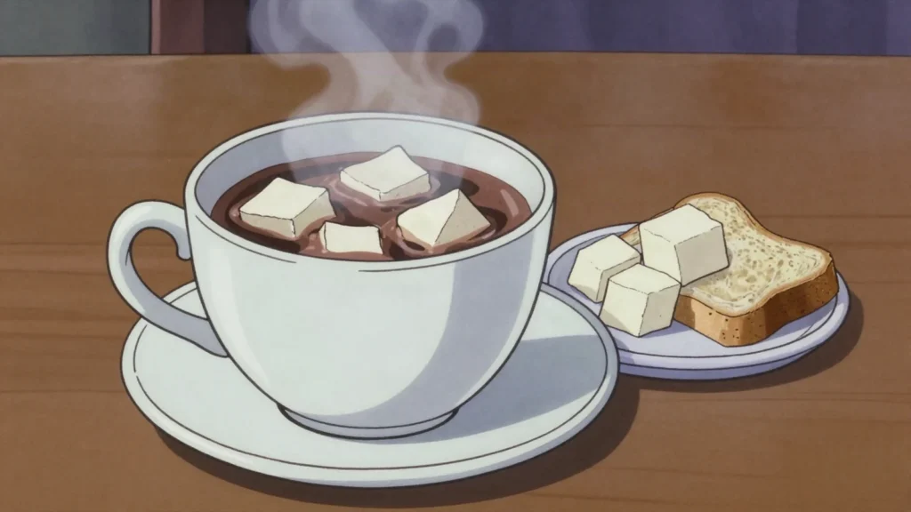 Queso campesino, fresh unsalted curd cheese, dropped into hot chocolate until it melts, Colombia cheese & dairy, anime style