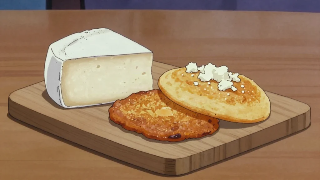 Queso costeño, salty pressed white cheese, crumbled over arepas and rice or eaten fried, Colombia cheese & dairy, anime style