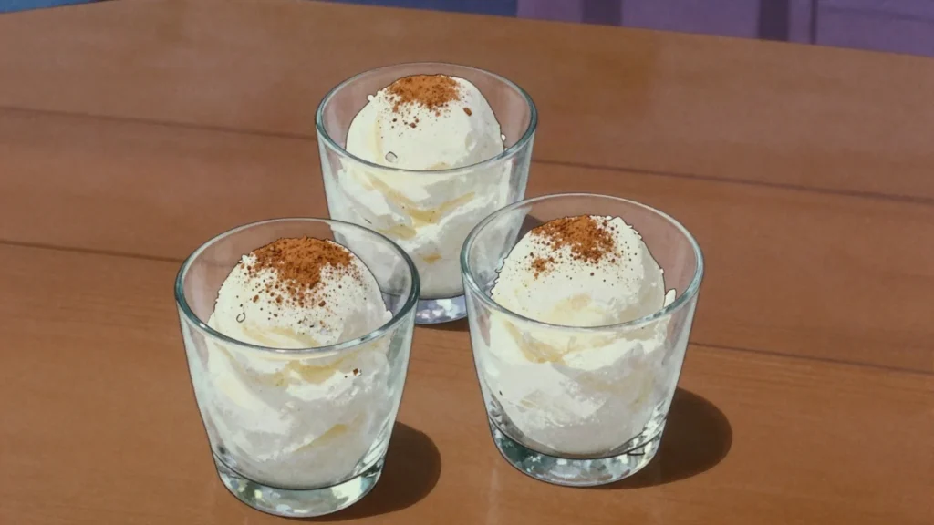 Queso helado, frozen spiced milk scraped into cups, containing no cheese at all, Peru dessert, anime style