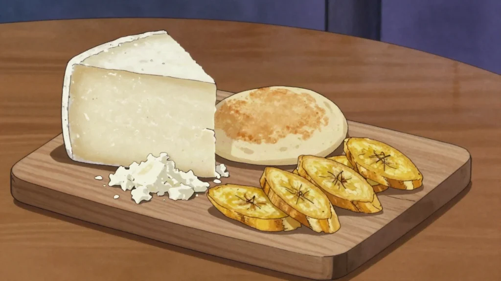 Queso llanero, hard salty white cheese from the plains, grated over arepas and pasta, Venezuela cheese & dairy, anime style