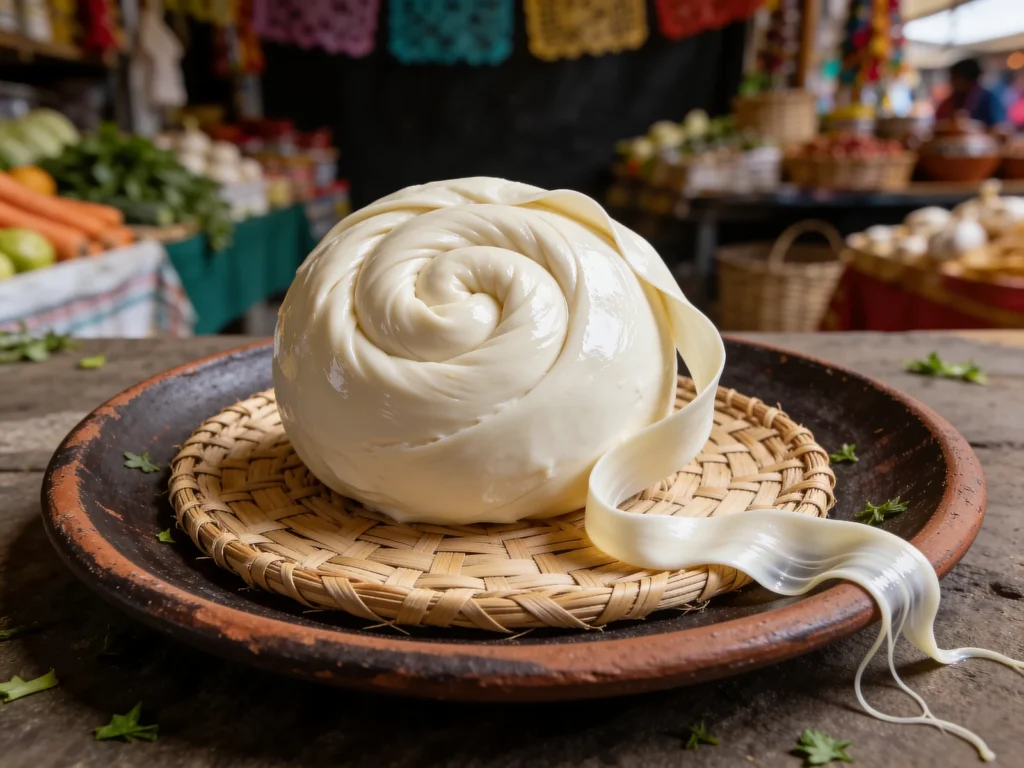 Queso Oaxaca, mild white cheese wound into a ball of ribbons, melted into quesadillas, Mexico cheese & dairy, anime style