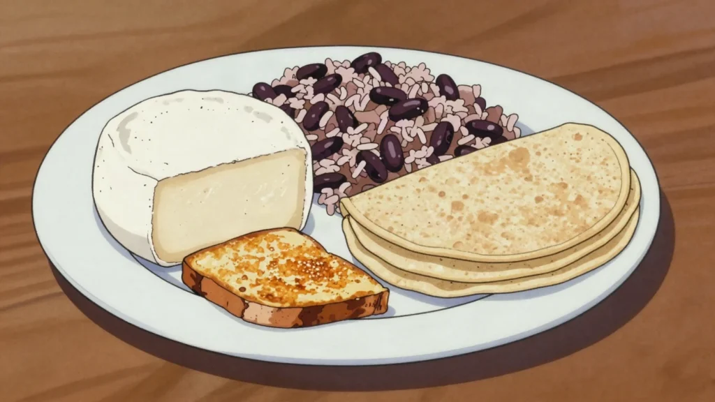 Queso Turrialba, fresh white cow's cheese, mild and springy, eaten with tortillas, Costa Rica cheese & dairy, anime style