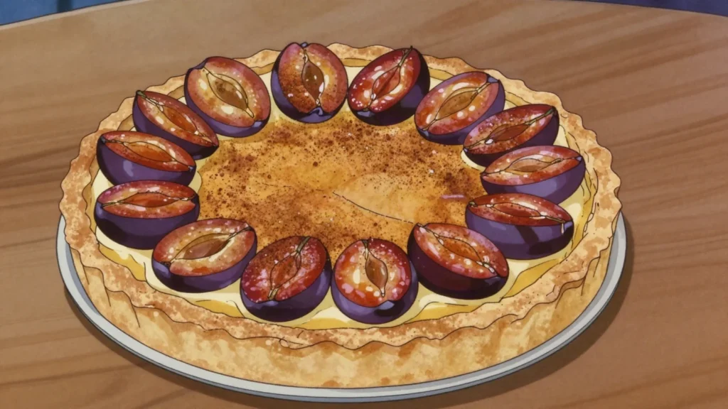 Quetschentaart, shortcrust tart of purple quetsch plums, autumn favourite, Luxembourg dessert, anime style