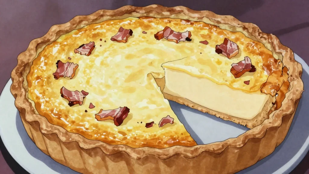 Quiche Lorraine, savoury egg-cream tart with smoked bacon, France main, anime style