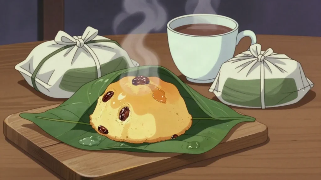 Quimbolito, steamed sweet cake of maize or wheat flour wrapped in achira leaf, Ecuador dessert, anime style