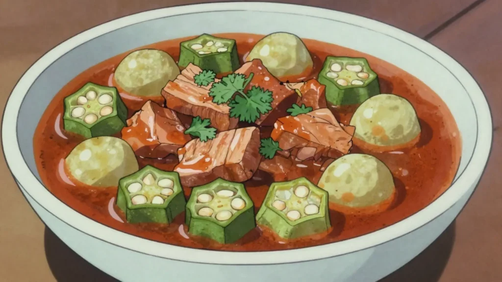 Quimbombó, okra stewed with pork, plantain dumplings and sofrito, Cuba soup & stew, anime style