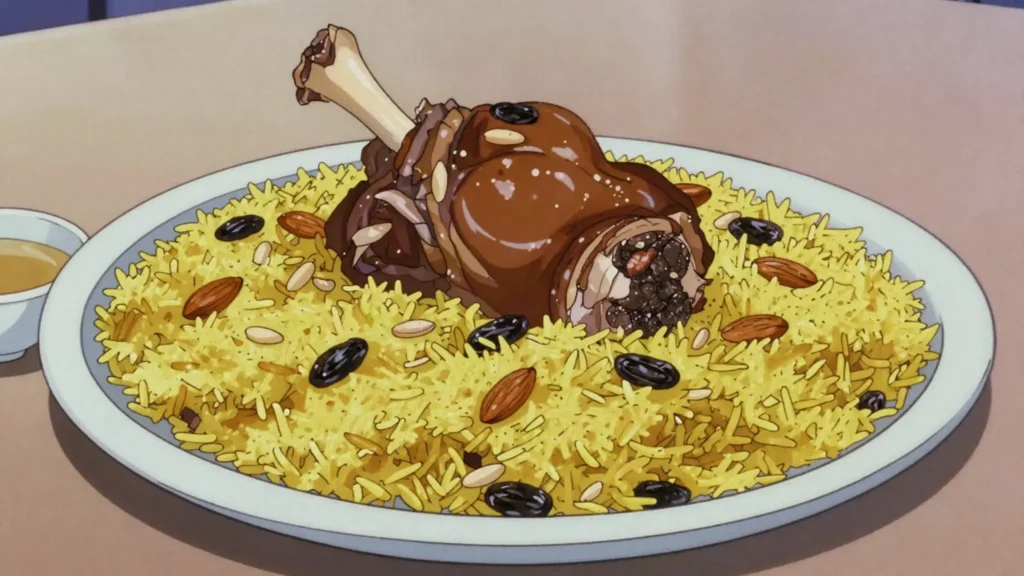 Quzi, whole roasted lamb over spiced rice with nuts and raisins, Iraq main, anime style