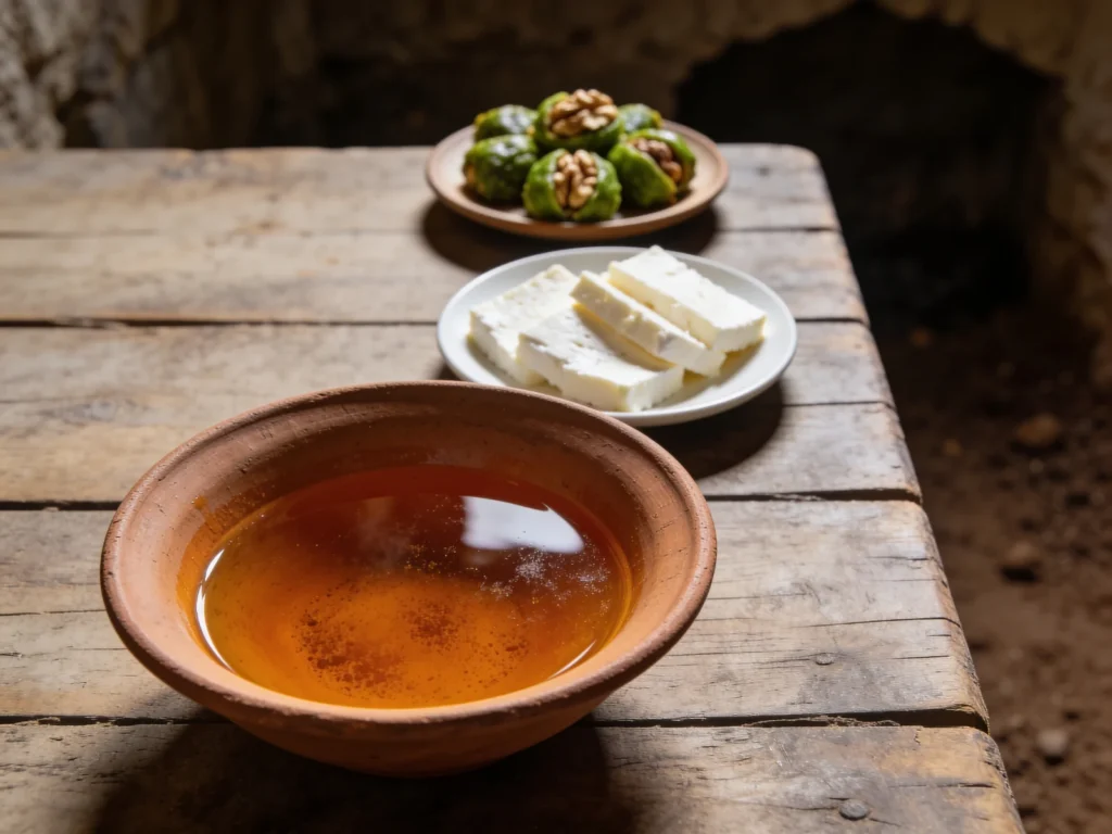 Qvevri wine, amber and red wines fermented in buried clay vessels; 8,000-year tradition, Georgia wine & spirit, anime style