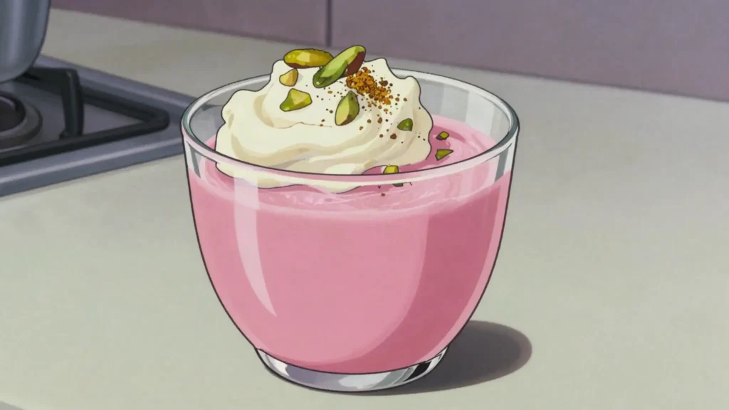 Qymaq Chai, festive pink green-tea brew with milk, cardamom and clotted cream, Afghanistan drink, anime style