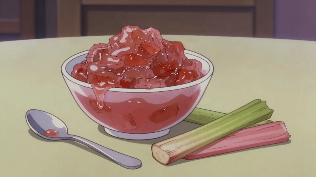 Rabarbarasulta, thick rhubarb jam eaten on pancakes, flatbread and skyr, Iceland sauce & condiment, anime style