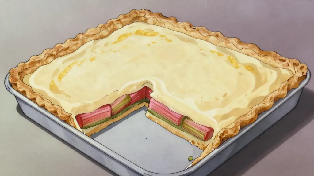 Rabarberikook, rhubarb tart on shortcrust with a custard or crumble top, Estonia dessert, anime style