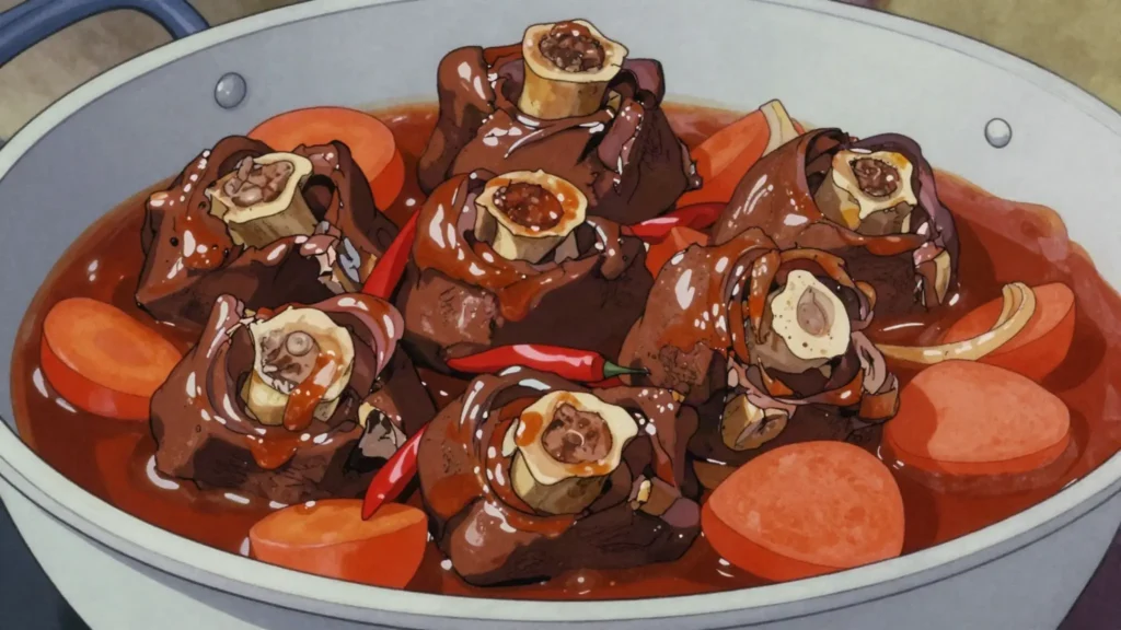 Rabo encendido, fiery braised oxtail in tomato-wine sauce, Cuba soup & stew, anime style