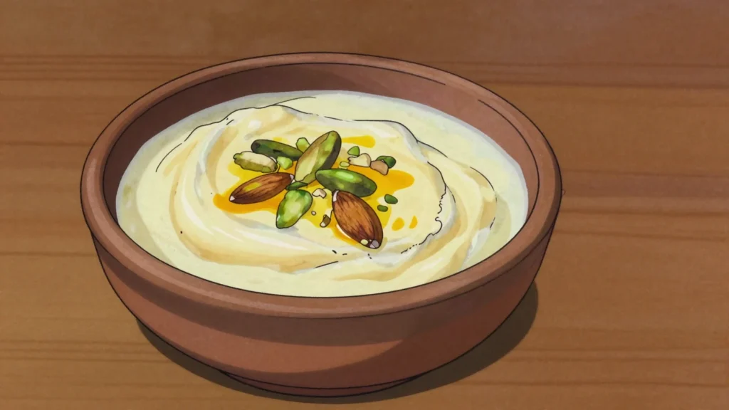Rabri, milk reduced for hours until thick with layers of clotted skin, scented with cardamom, Pakistan dessert, anime style