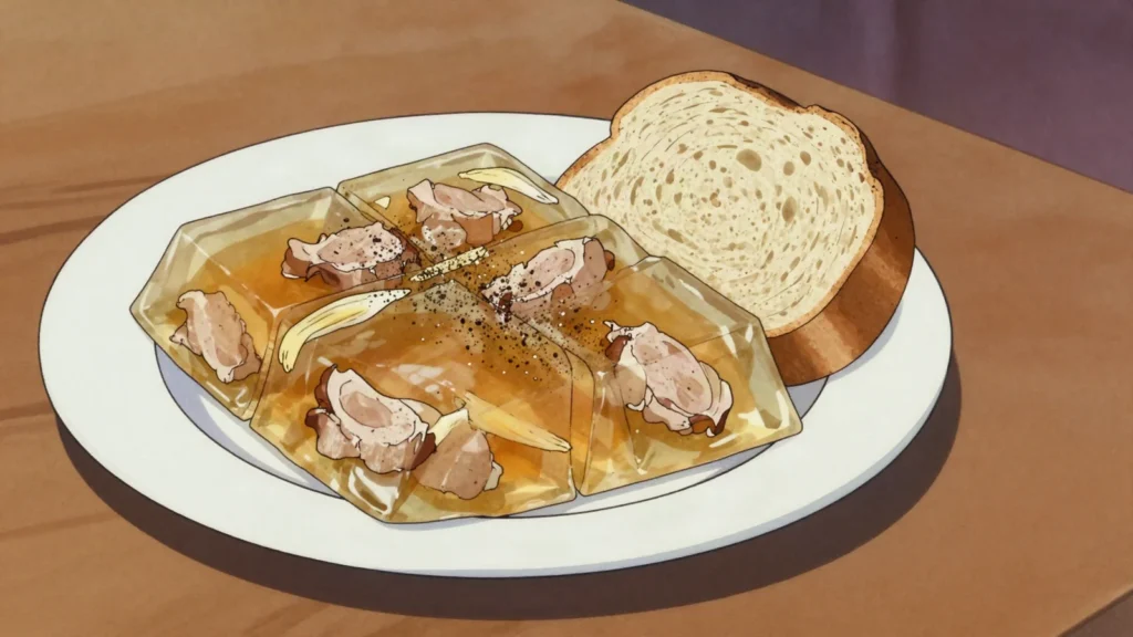 Răcituri, jellied pork set from long-boiled trotters with garlic, Moldova snack, anime style