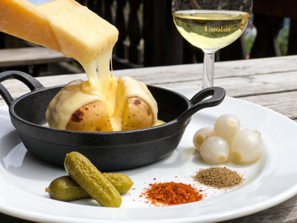 Raclette, cheese wheel melted and scraped over potatoes, gherkins, onions, Switzerland main