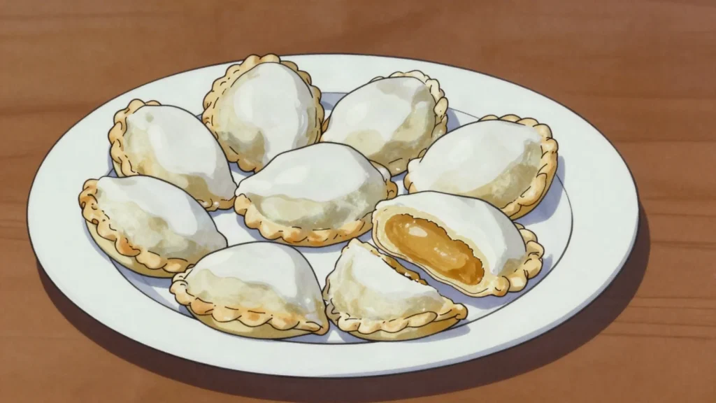 Rafioli, half-moon pastries filled with almond paste and iced white, Montenegro dessert, anime style