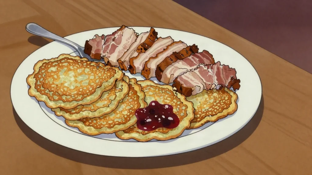 Raggmunk, crisp potato pancakes with fried pork and lingonberries, Sweden main, anime style
