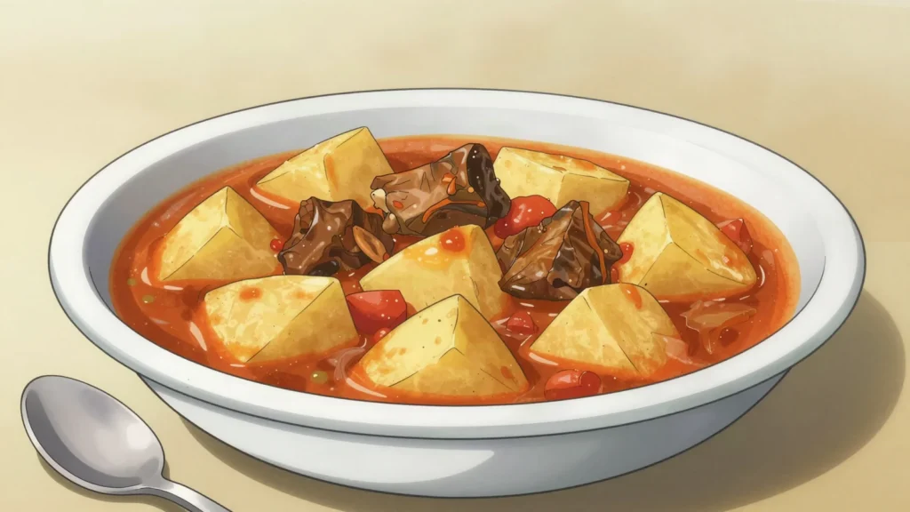 Ragoût d'igname, yam simmered with tomato, onion and modest meat, Burkina Faso soup & stew, anime style