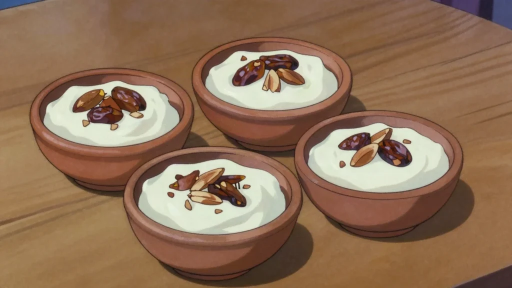 Raib, milk soured and set into a soft curd, eaten chilled and sweetened, Morocco fermented & pickled, anime style