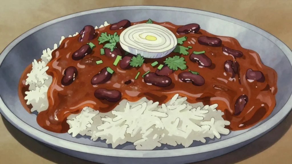 Rajma, kidney-bean curry ladled over steamed rice, north Indian comfort, India main, anime style