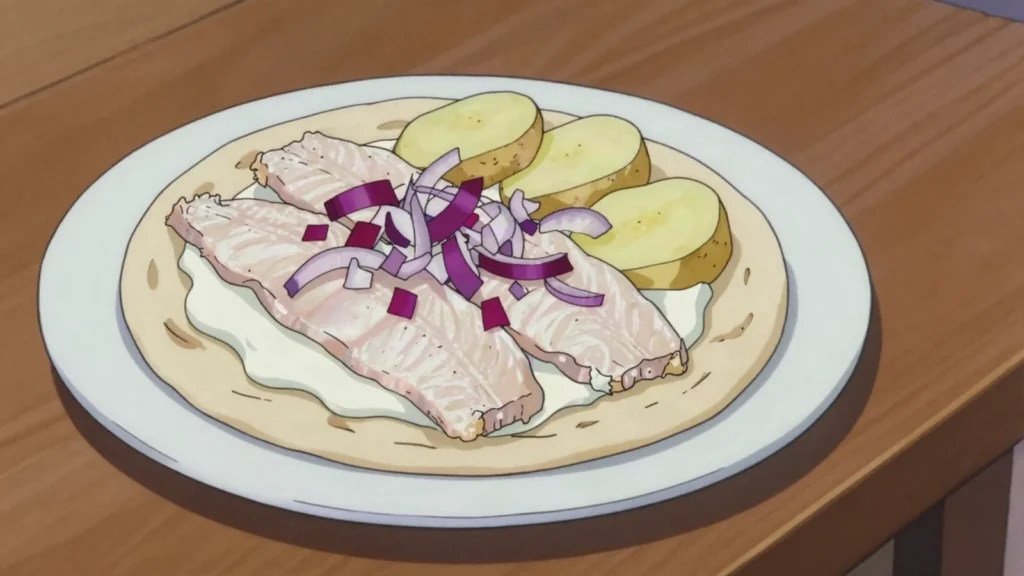 Rakfisk, months-fermented trout on flatbread with sour cream, onion, Norway fermented & pickled, anime style