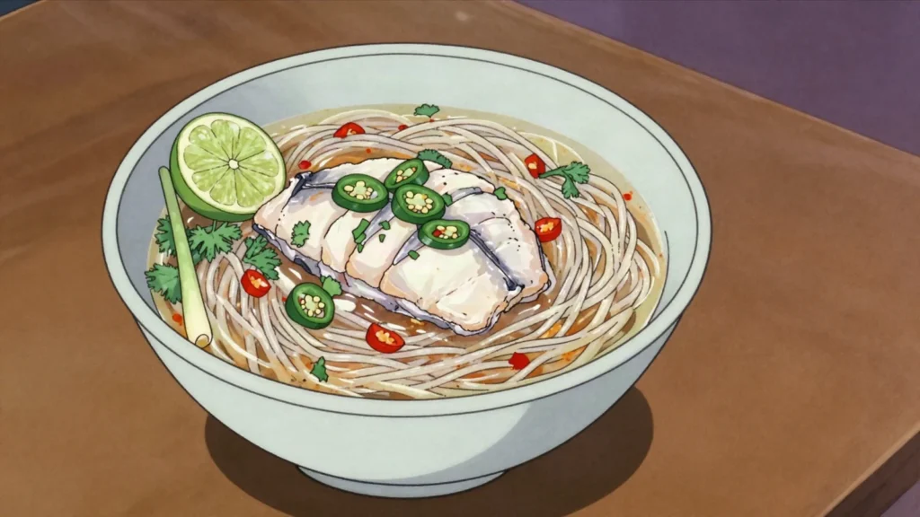 Rakhine Mont Di, rice noodles with fiery fish broth and lemongrass from the western coast, Myanmar main, anime style