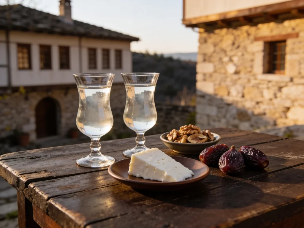 Raki mani, clear brandy distilled from white mulberries, strong and fragrant, Albania wine & spirit, anime style