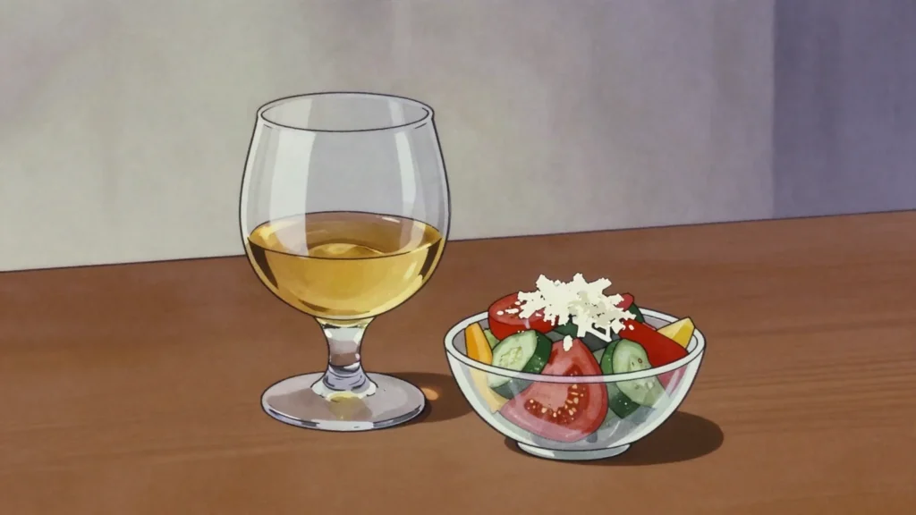 Rakia, grape or plum brandy sipped with shopska salad, Bulgaria wine & spirit, anime style