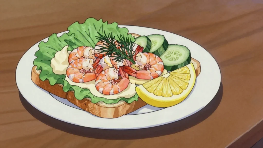 Räksmörgås, bread heaped with prawns, egg, mayonnaise, dill and lemon, Sweden snack, anime style