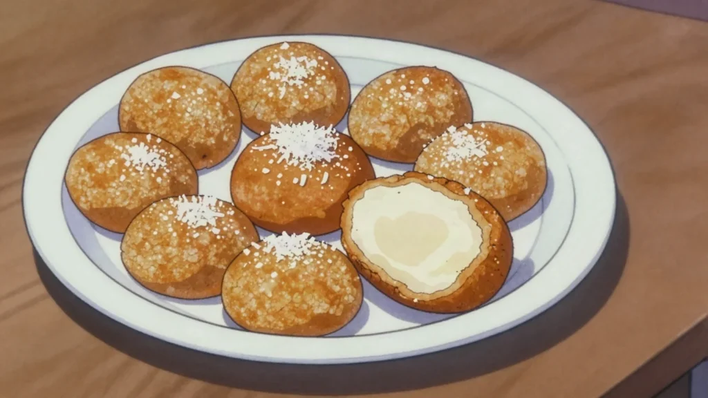 Ramanonaka, rice flour and coconut dough fried into a dense chewy cake, Madagascar street food, anime style
