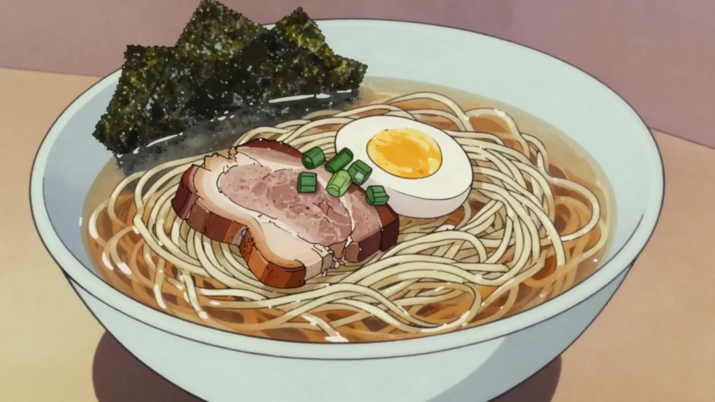 Ramen, wheat noodles in pork, soy or miso broth with chashu and egg, Japan soup & stew, anime style