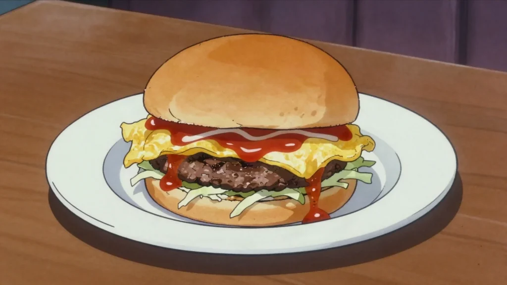 Ramly Burger, beef patty wrapped in a fried egg blanket with margarine, sauces and cabbage, Malaysia street food, anime style