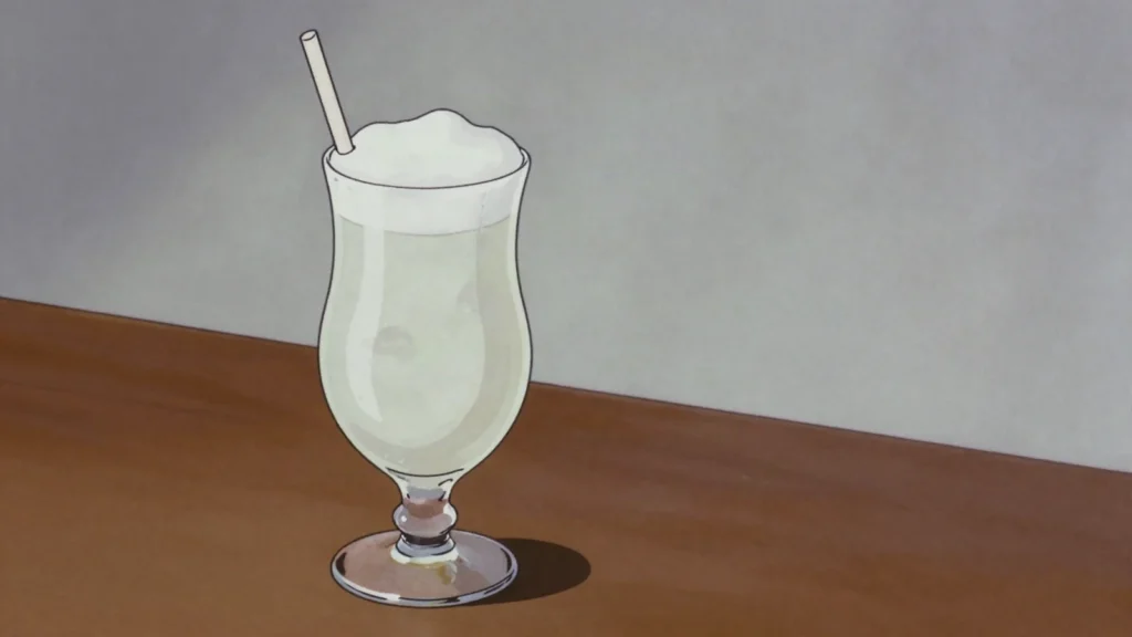 Ramos gin fizz, gin, citrus, cream, egg white and orange flower water shaken long into, United States cocktail, anime style