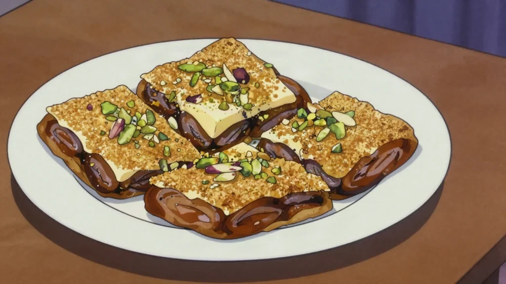 Rangina, dates layered under toasted flour, butter and cardamom, Qatar dessert, anime style