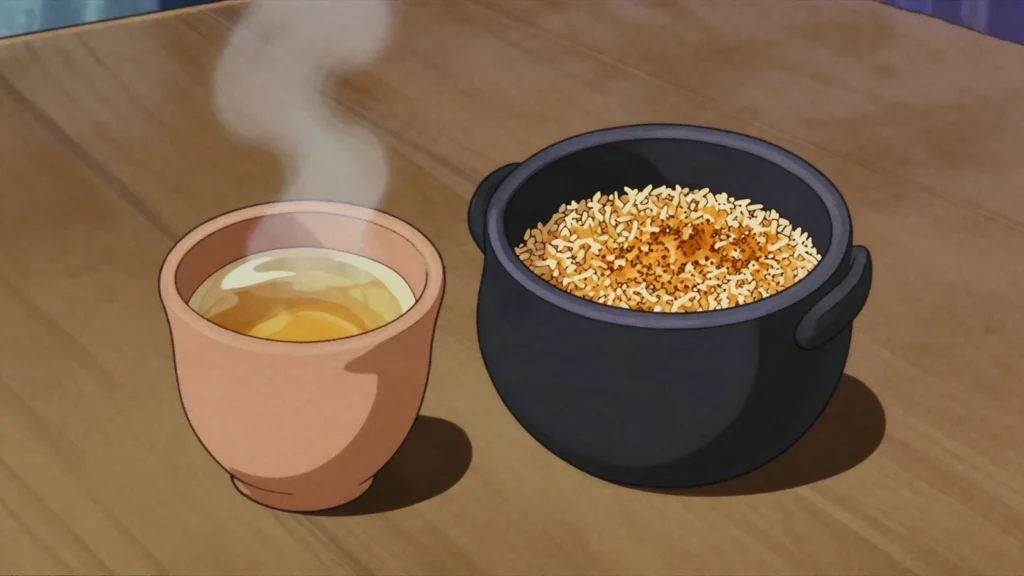Ranovola, toasted-rice water, the traditional table drink, Madagascar drink, anime style