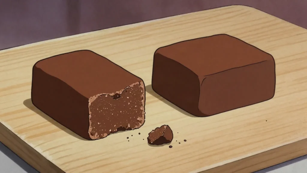 Rapadou, hard block of unrefined cane sugar, dark and molasses-scented, chewed or dissolved, Haiti snack, anime style
