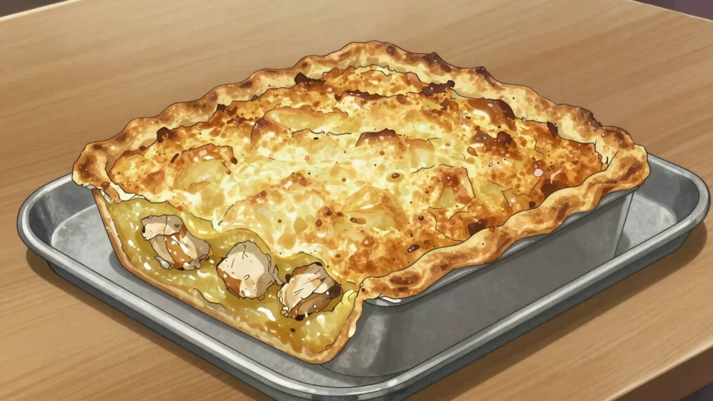 Rappie pie, grated potato squeezed dry, soaked in broth and baked over chicken or clams, Canada main, anime style