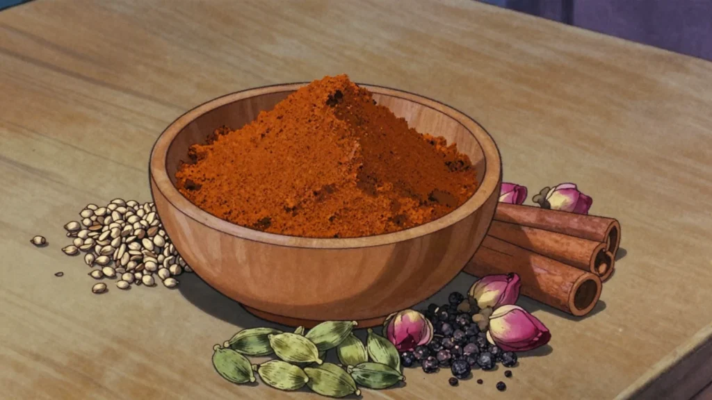 Ras el hanout, the spice merchant's top-of-the-shop blend, sometimes thirty spices, Morocco sauce & condiment, anime style