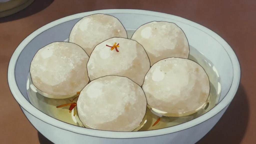 Rasgulla, spongy Bengali cheese balls poached in light syrup, India dessert, anime style