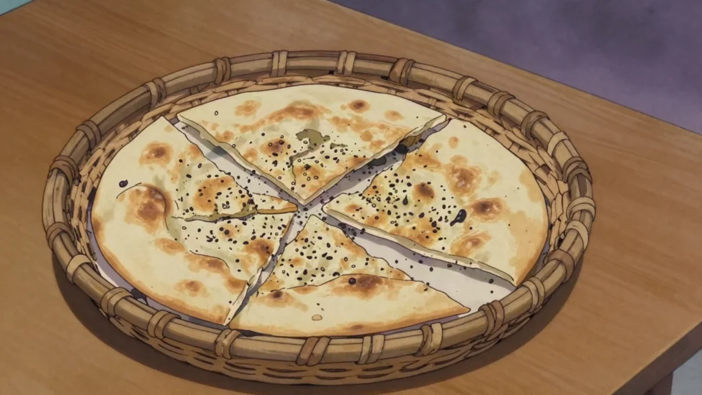 Rashoosh, very thin crisp flatbread scattered with sesame and nigella, baked in a clay, Yemen bread & pastry, anime style