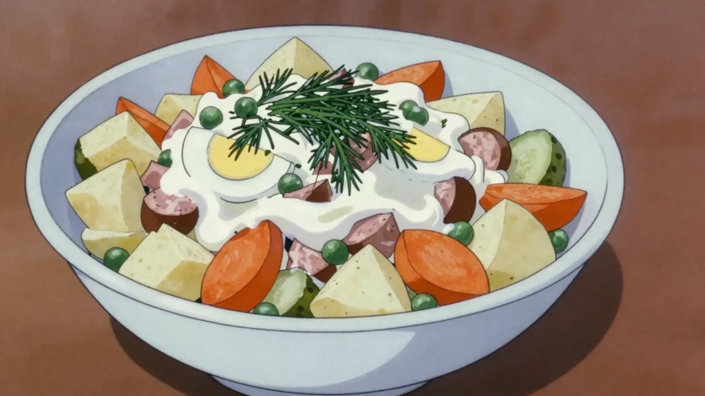 Rasols, festive potato salad with herring or sausage, sour cream, Latvia salad & side, anime style