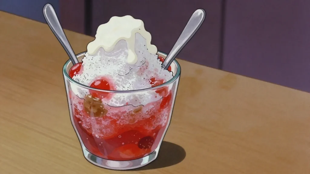 Raspao, shaved ice with fruit syrups and condensed milk, Panama dessert, anime style
