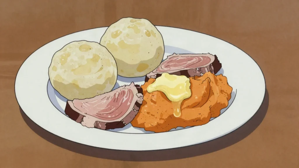 Raspeball, grey grated-potato dumplings with salted lamb, a Thursday ritual, Norway main, anime style