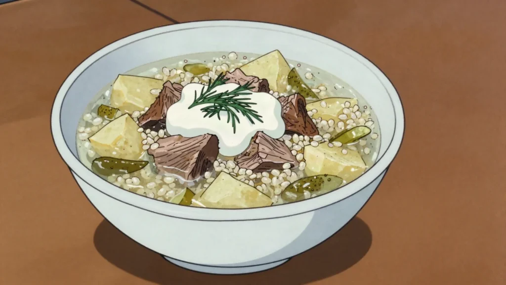 Rassolnik, pickle and barley soup, tangy and warming, Russia soup & stew, anime style
