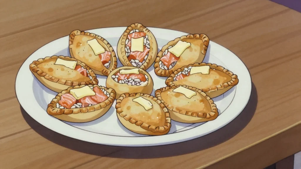 Rasstegai, open-topped pie of fish or meat, with broth poured into the gap, Russia bread & pastry, anime style