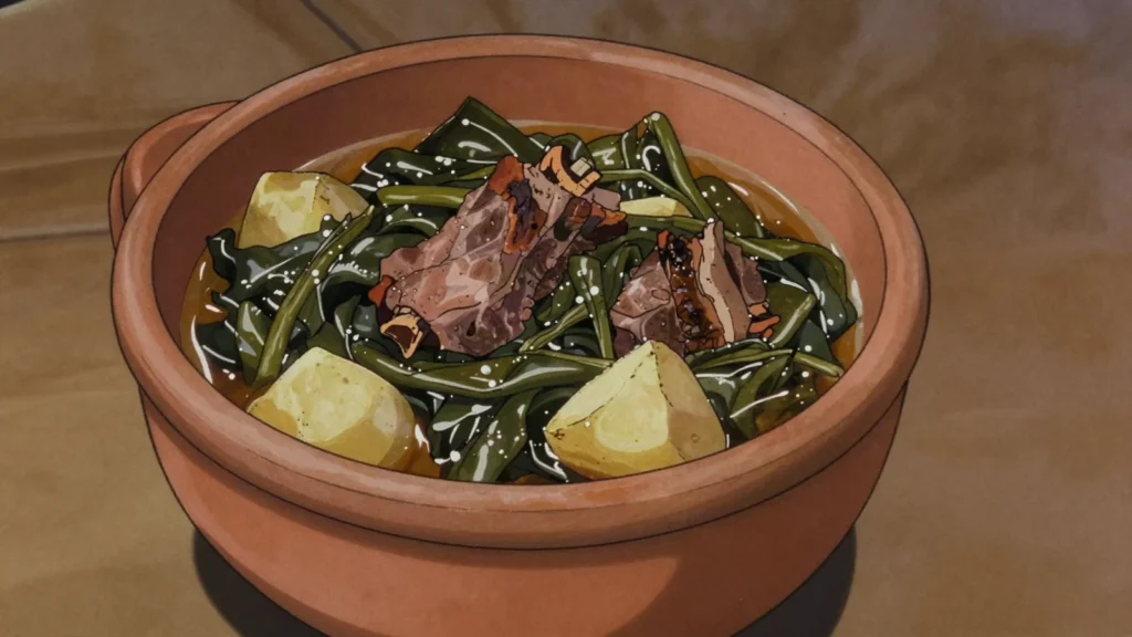 Raštan, collard greens braised with smoked dried meat, Montenegro main, anime style