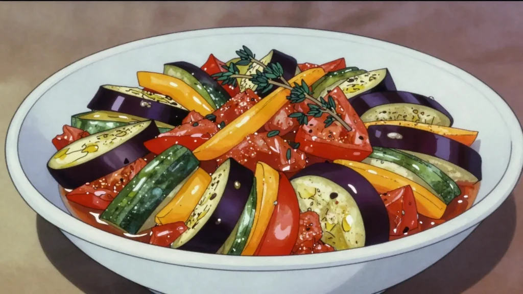 Ratatouille, provençal stew of eggplant, zucchini, peppers, and tomato, France salad & side, anime style