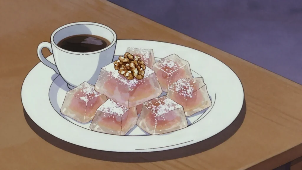 Ratluk, soft rose or walnut jelly cubes rolled in sugar, served with coffee, North Macedonia dessert, anime style