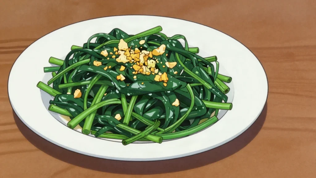 Rau Muong Xao Toi, water spinach flash-fried with garlic, Vietnam salad & side, anime style