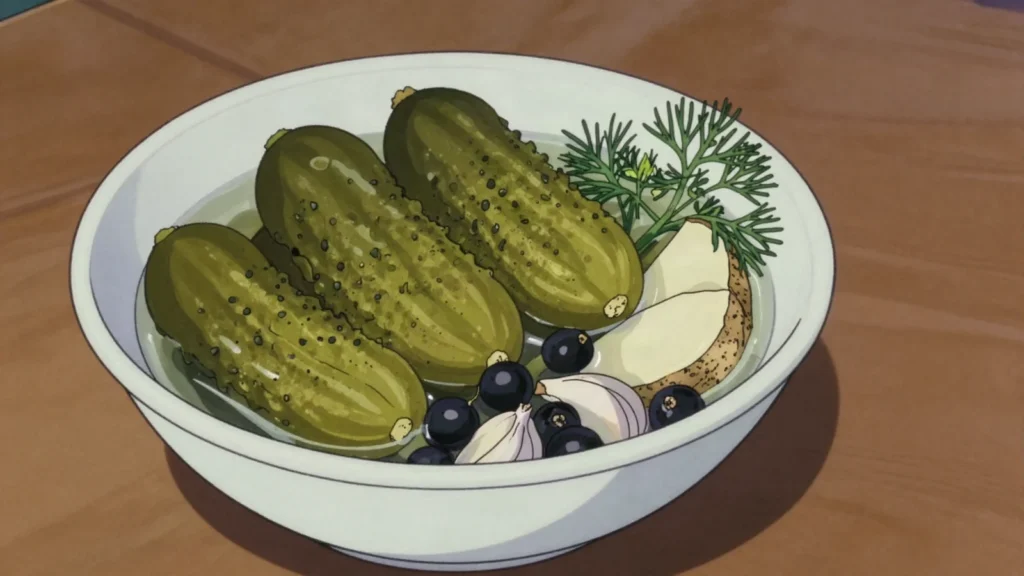 Rauginti agurkai, cucumbers soured in brine with dill and horseradish, eaten, Lithuania fermented & pickled, anime style